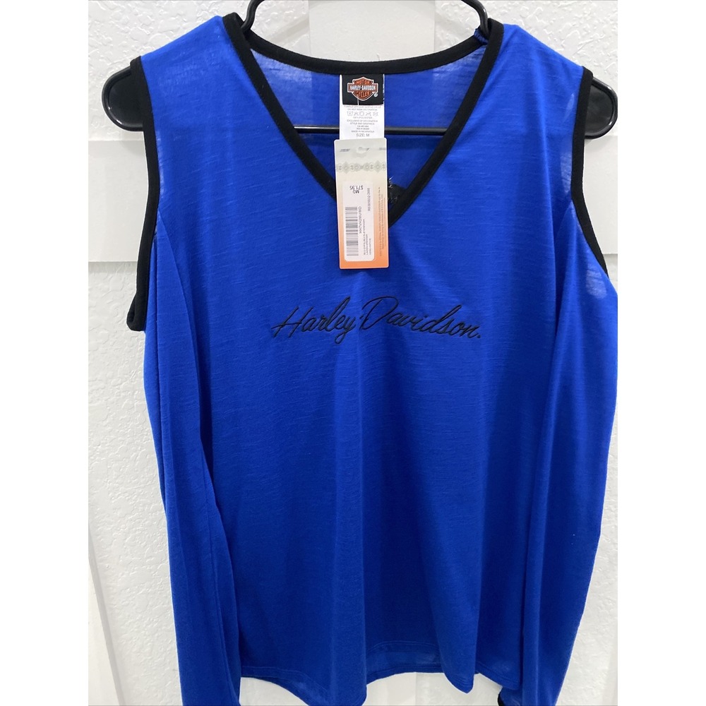 Harley Davidson Top Womens Size M NWT Blue Long Sleeve Cold Shoulder Las Vegas